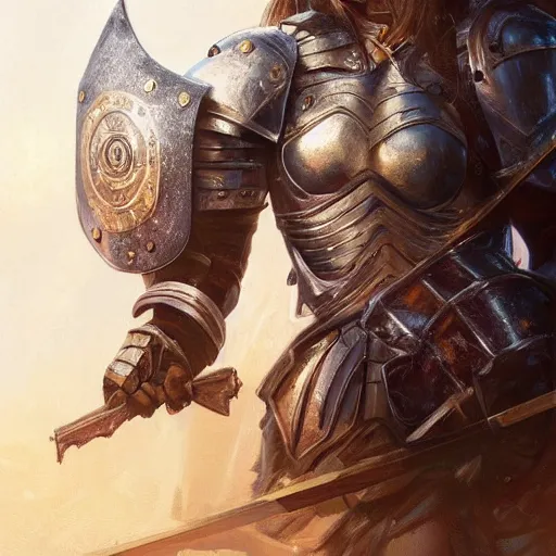 Image similar to front view portrait of a rugged female as a bruised knight with a shield and heavy armor, fantasy, intricate, headshot, highly detailed, digital painting, artstation, concept art, sharp focus, cinematic lighting, illustration, art by artgerm and greg rutkowski, alphonse mucha, cgsociety