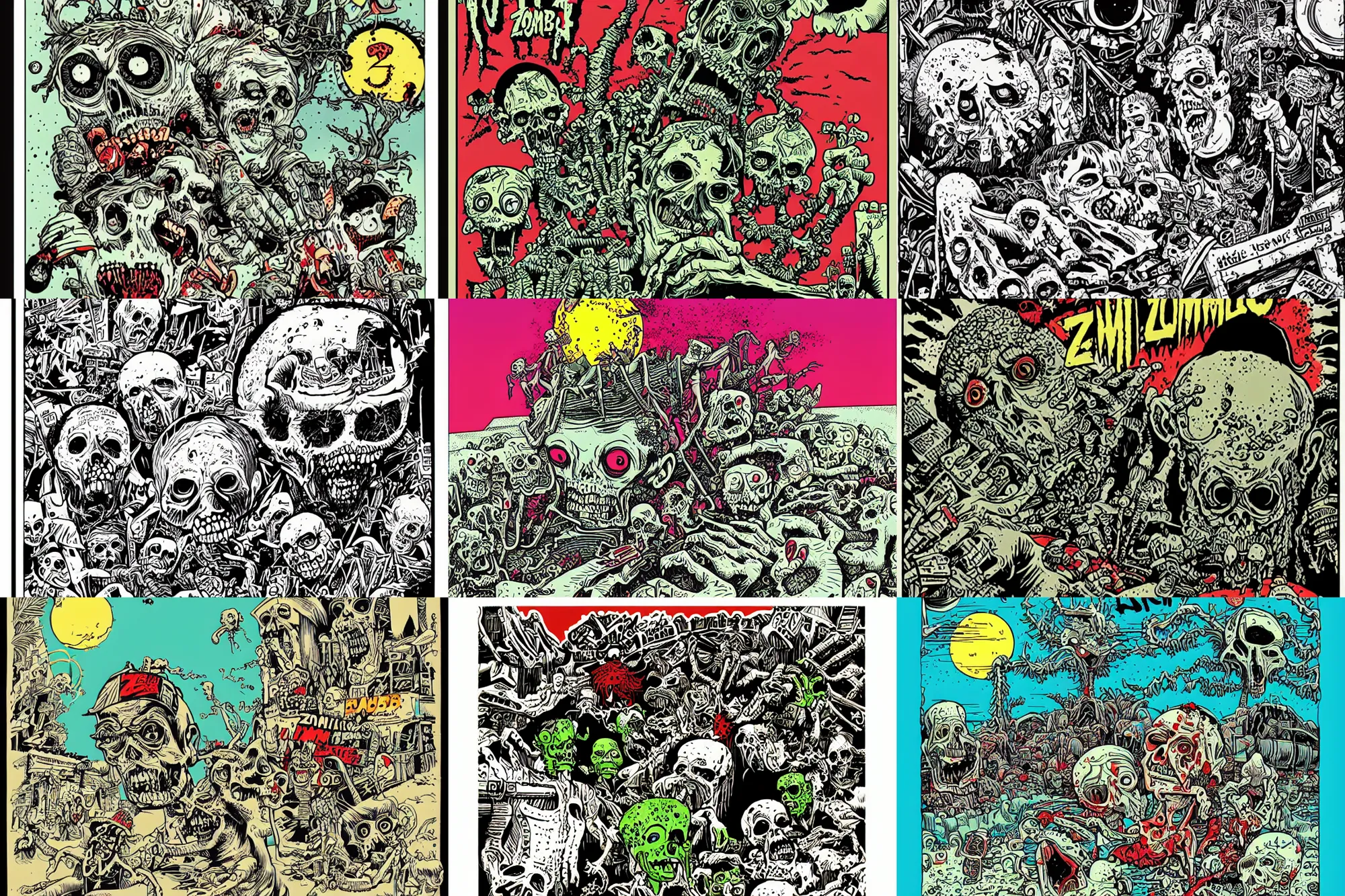 Prompt: zombie beach holiday postcard by mcbess, featuring brains, by Philippe Druillet