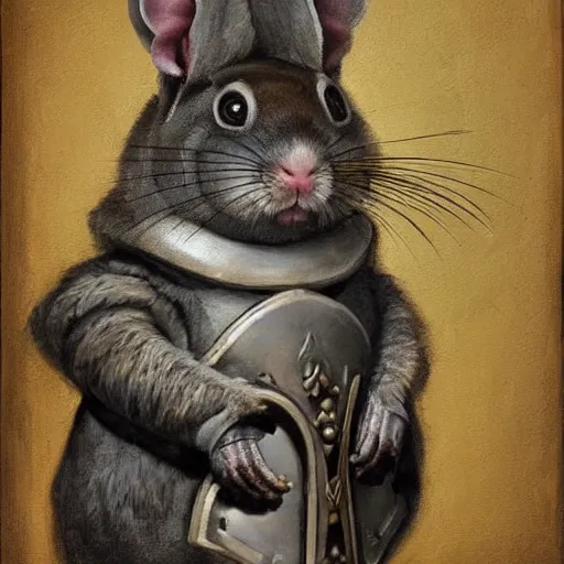 Prompt: renaissance portrait painting of a chinchilla in a suit of armor, artstation, highly detailed