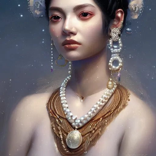 Image similar to a beautiful portrait of a pearl goddess with glittering skin, a detailed painting by greg rutkowski and raymond swanland, featured on cgsociety, fantasy art, detailed painting, artstation hd, photorealistic