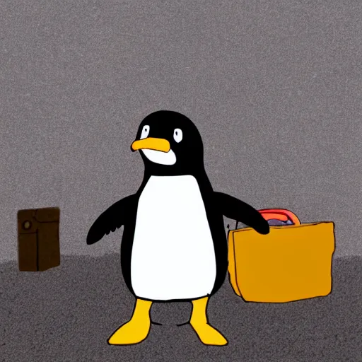 Prompt: pingu trying to sell bags on the street, moody, dark, digital art