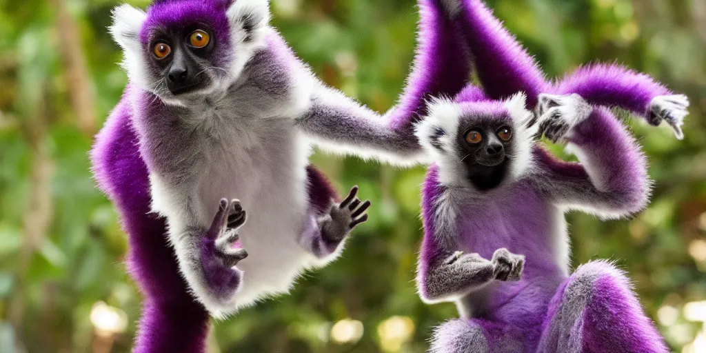 Prompt: a purple lemur dancing in a disco with other colorful lemurs in the background, photography