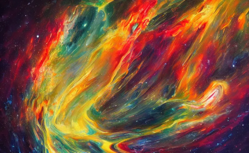 Image similar to an abstract oil painting of an unbelievably beautiful space nebula ; swirling sheets of light and fire ; hyper - detailed ; an extraordinary masterpiece!!! ; flawless ; trending on artstation