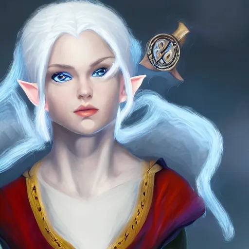 Image similar to Beautiful white haired aged fair skinned scholar elf with spell scroll and lightning background, symmetrical, realism, digital painting, detailed artwork, portrait, mythical, artstation