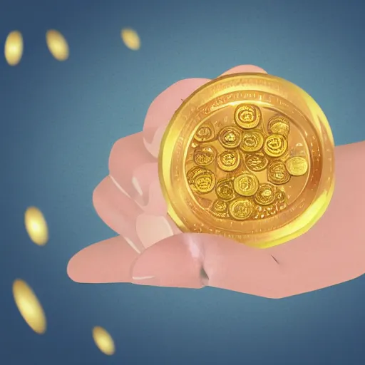 Image similar to Closeup shot of ethereal golden coins floating above an open hand, digital illustration