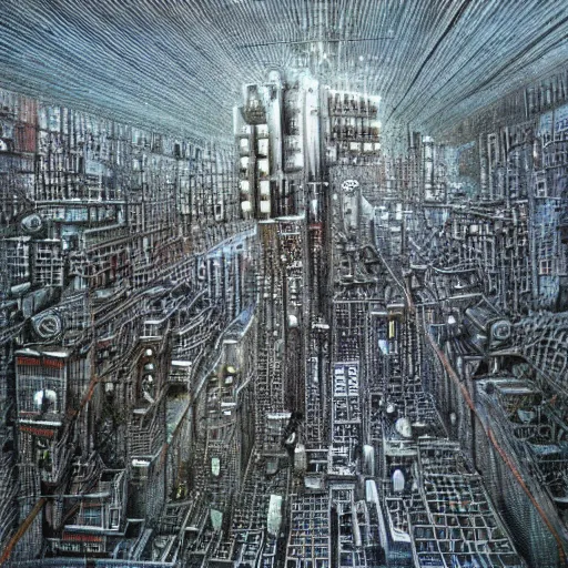 Image similar to city made of electronics by hr giger and zdzislaw beksinski