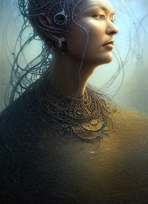 Prompt: closeup portrait shot of a meditation in another dimention in a scenic dystopian environment, intricate, elegant, highly detailed, centered, digital painting, artstation, concept art, smooth, sharp focus, illustration, artgerm, tomasz alen kopera, peter mohrbacher, donato giancola, joseph christian leyendecker, wlop, boris vallejo