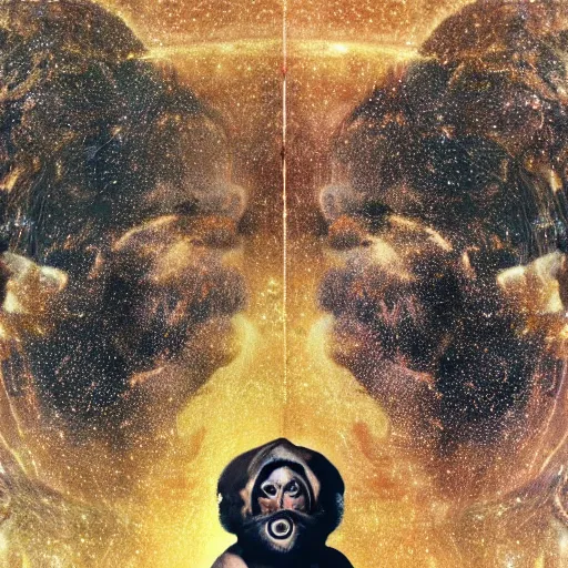 Image similar to double exposure portrait of astronaut and a chimpanzee astronaut with space and time in the the background by davinci, circles, psychedelic, pencil art, high definition, dynamic lighting stars, sharpness, golden ratio