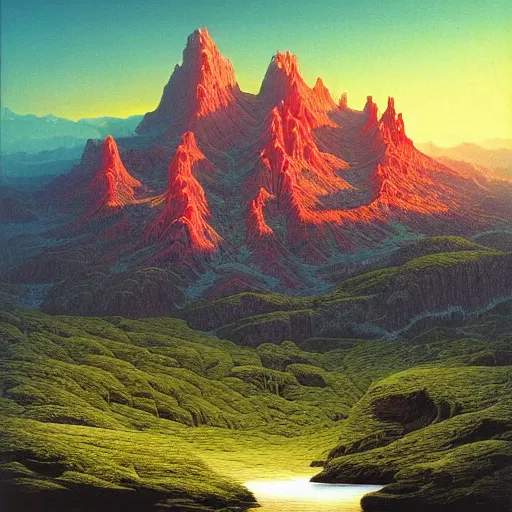 Image similar to american west mountains and forests, fluid, smooth, bright colours, high contrast, sharpness, beautiful, peaceful, very detailed, intricate, volumetric lighting, by giger and corben and moebius and beksinski and bosch and bacon