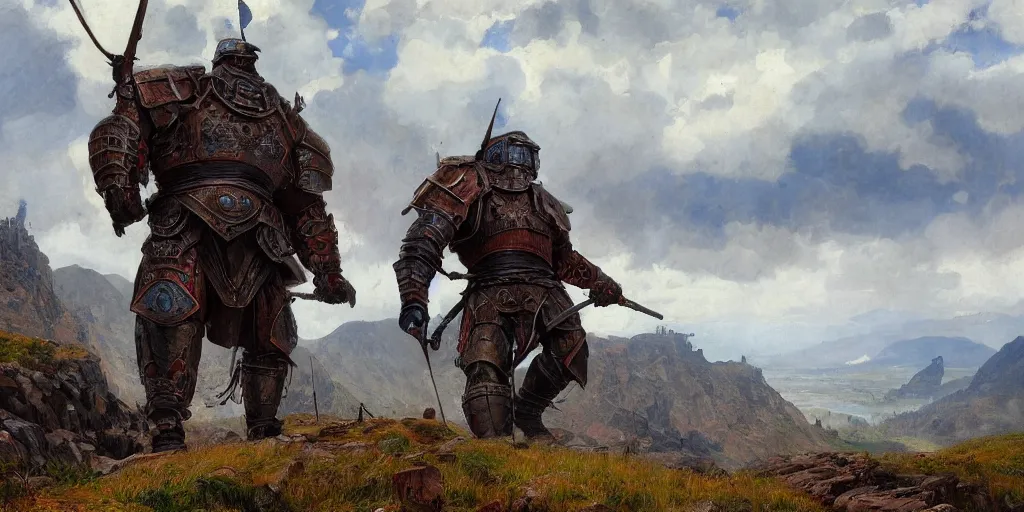 Prompt: full body blued-steel titan colossus in pacing through hills, crossing the river, mountain valley to smoking fortress, with armour, with artillery, fine art, cinematic, artstation, matte painting, masterpiece by vasnetsov and surikov, JEAN-VICTOR BERTIN