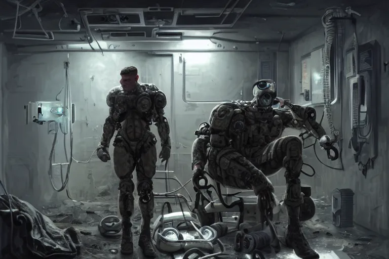 Image similar to Ultra realistic illustration, a hefty damaged male soldier cyborg being patched up in a run down underground military medical bay with medical equipment hanging from ceiling, holographic display panels in background, rugged face, muscle body with battle scars, cyberpunk, sci-fi, fantasy, intricate, elegant, highly detailed, digital painting, artstation, concept art, smooth, sharp focus, illustration, dramatic lighting, art by Syd Mead and Giger