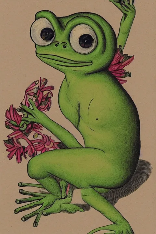 Prompt: pepe the frog, by maria sibylla merian