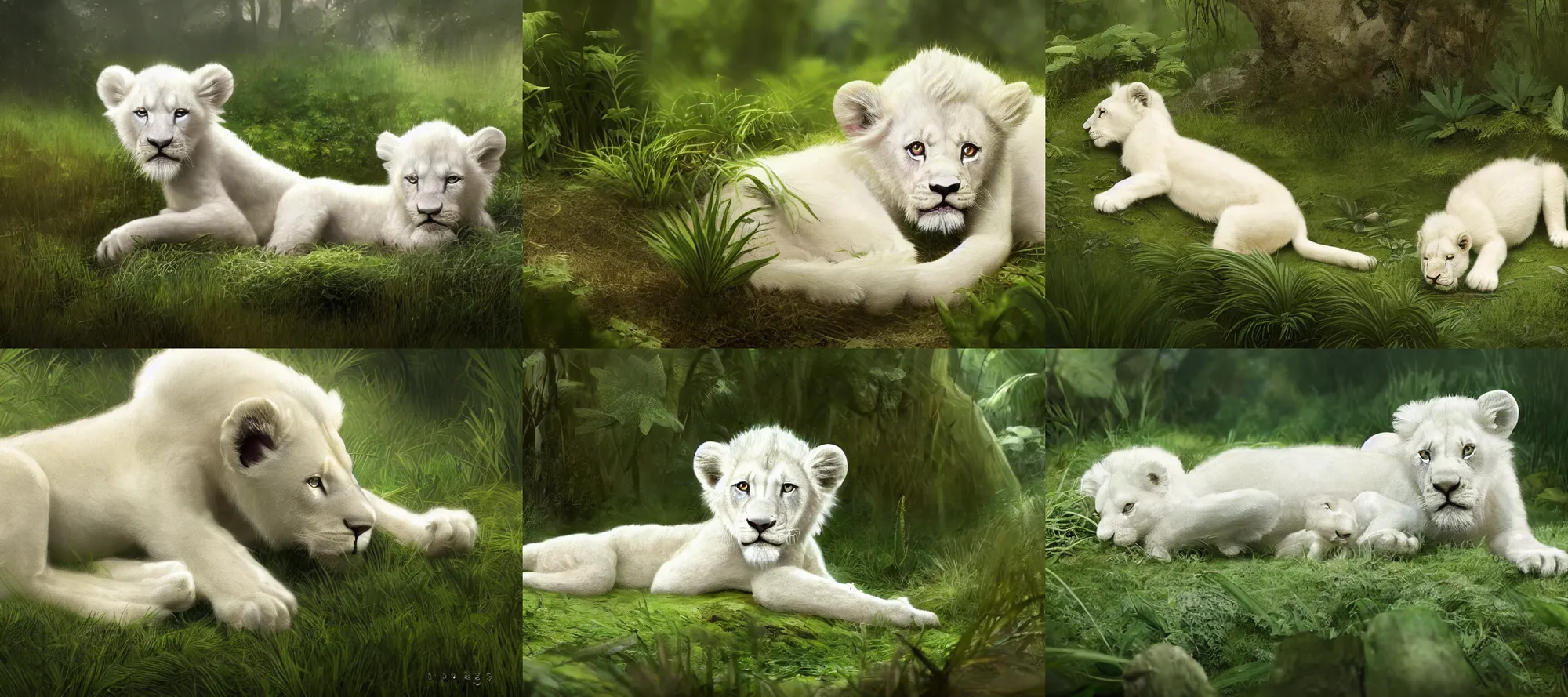 Prompt: small white lion cub laying in a grassy jungle by Greg Rutkowski, Sung Choi, Johnson Ting, Maxim Verehin, Peter Konig, final fantasy, Marco lense, photorealistic 8k, cinematic lighting, HD, high detail, atmospheric, trending on artstation