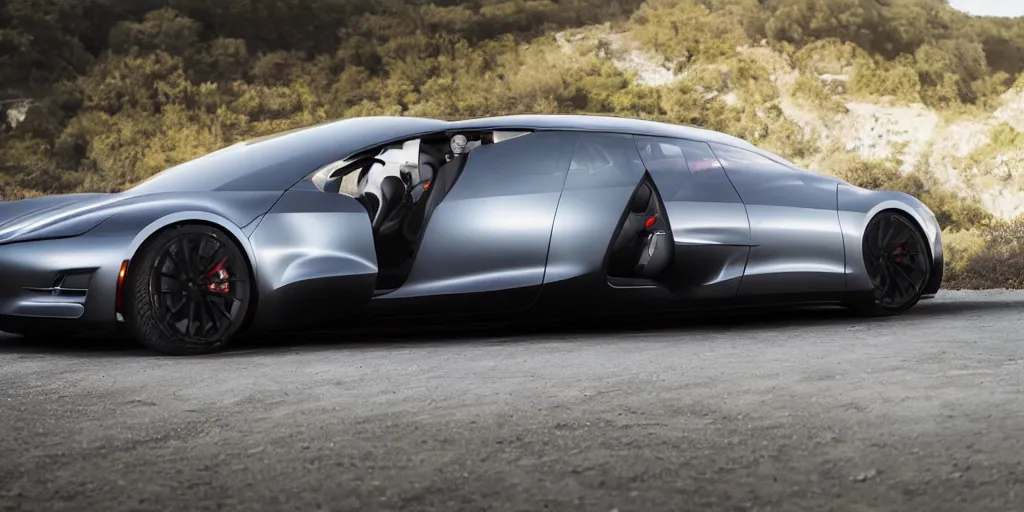 Image similar to a v 8 sport car designed by tesla, outdoor magazine, ambient light, fog