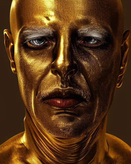 Image similar to realistic portrait of a dead man, dark, gold, silver ornaments, facing camera, photo realistic, detailed, 1 4 5 0, delicate, hyper realism, ultra realistic, 8 k