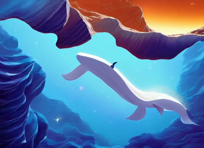 Image similar to enormous whale gliding elegantly through the Antelope Canyon on the Sea Of Stars of Vaadhoo Island Maldives, Bioluminescent sea plankton that shines royal gold during the night makes the sea area, glowing water, intricate, elegant, luxurious, digital painting, concept art, smooth, sharp focus, from Star Trek 2021, illustration, by WLOP and Ruan Jia and Mandy Jurgens and William-Adolphe Bouguereau, Artgerm