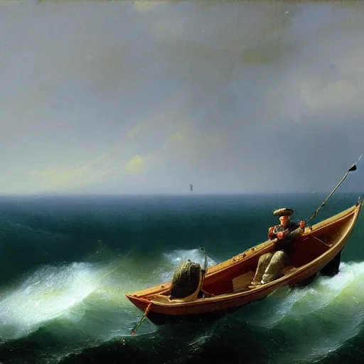 Image similar to a highly detailed painting of a man fishing on a small boat in the ocean by Ivan Aivazovsky, 4k, HD