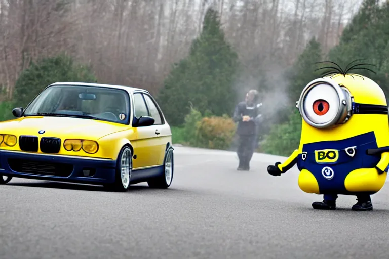 Image similar to minion driving an e36 bmw