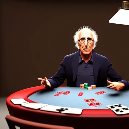 Image similar to larry david playing poker, photorealistic studio portrait, studio lighting, unreal engine 5, hyperrealistic, dynamic lighting, white ambient background, realistic, highly detailed