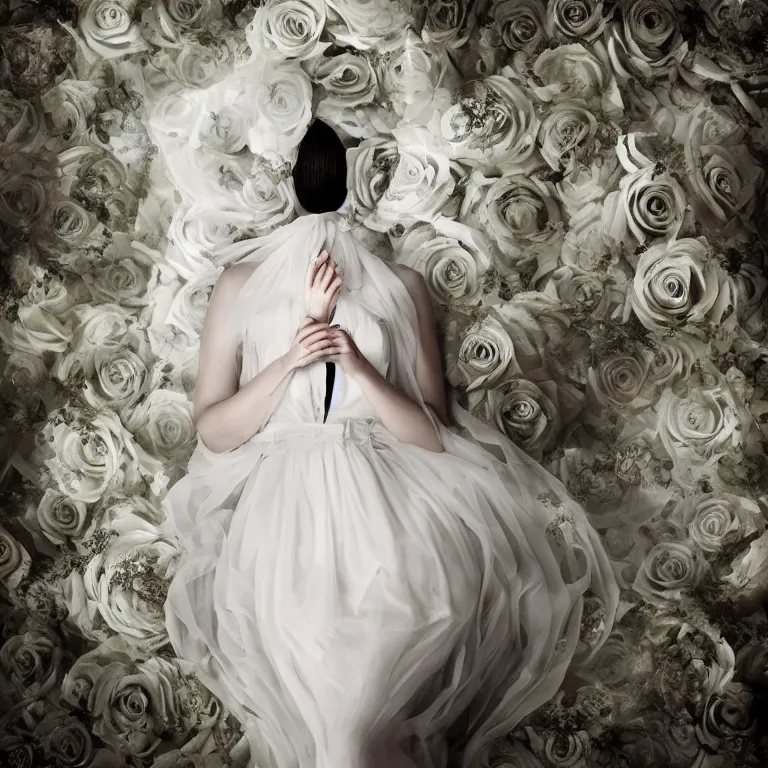 Image similar to hight focus of a wonderful realistic focused sweet wonderful symmetrical centered mid portrait of a lonely woman with a detailed wonderful, majestic, large semi transparent white cotton dress ornate with semi transparent black cotton roses and semi transparent white veils, dramatic light, octane render, - 8 k