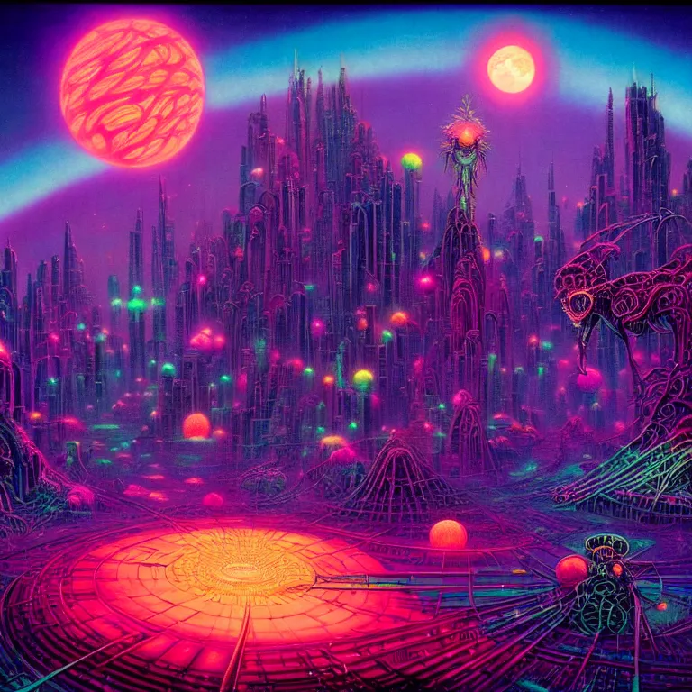 Image similar to mysterious astral city at night, glowing orbs, infinite sky, synthwave, bright neon colors, highly detailed, cinematic, tim white, philippe druillet, roger dean, ernst haeckel, lisa frank, michael whelan, kubrick, kimura, isono