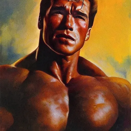 Prompt: portrait of hero arnold schwarzenegger by frank frazetta