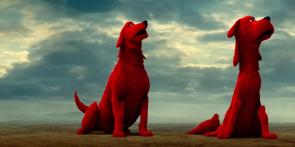 Prompt: film still of clifford the big red dog in the new godzilla movie