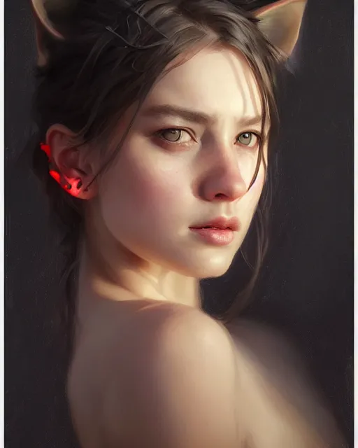 Image similar to a potrait of a girl with small tiger ears, fine details. night setting. realistic shaded lighting poster by craig mullism, artgerm, jeremy lipkin and michael garmash, unreal engine, radiant light, detailed and intricate environment, digital art, trending on art station