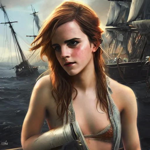 Image similar to sensual emma watson wearing as a captain, looking seductive, pirate ship in background, hyperrealistic, artgerm, greg rutkowski, artstation, highly detailed