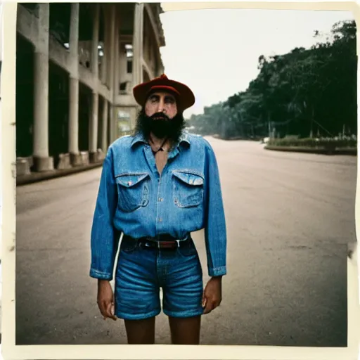 Image similar to fidel castro wearing denim shorts, full body portrait, 3 5 mm film, by nan goldin