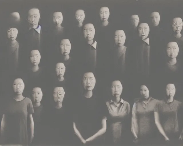 Image similar to a group of people standing next to each other, a photocopy by by Zhang Xiaogang, featured on cg society, holography, multiple exposure, calotype, ambient occlusion