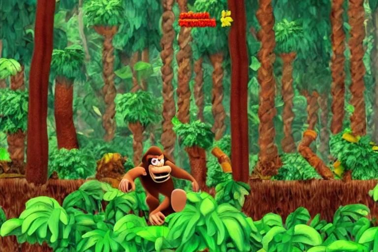 Prompt: donkey kong in a forest knocking down trees, a tree that has fallen over