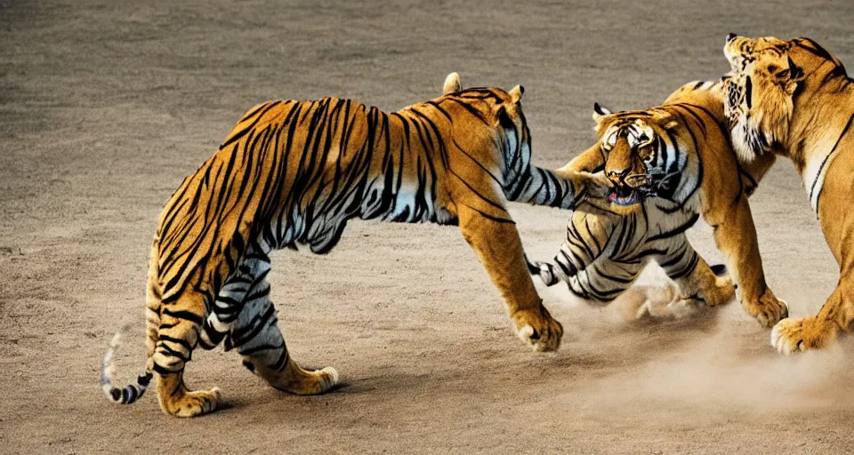 Image similar to a tiger and a lion boxing each other in the ring.