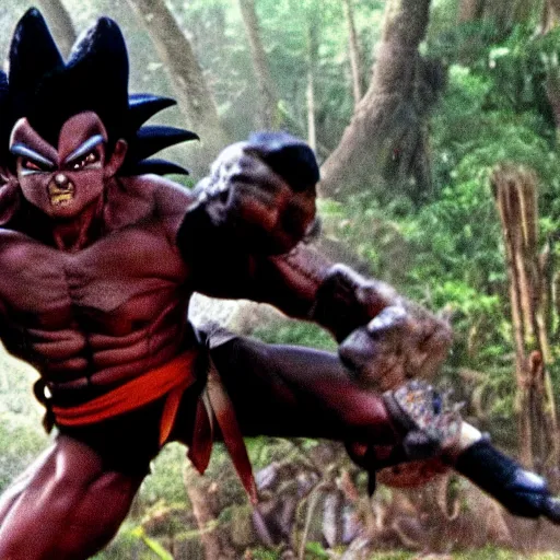 Image similar to Black-haired Saiyan warrior, fighting Yautja Predator in the jungle, 1987 cinematic, film quality