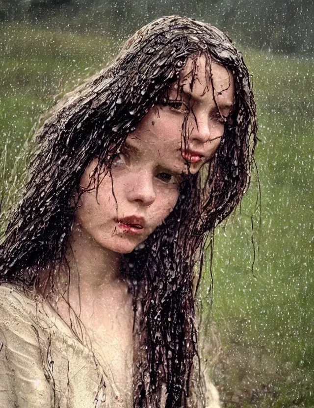 Prompt: wet long hair very beautiful happy peasant girl under the rain, without umbrella, country style, stones and lake background, portrait, Cinematic focus, Polaroid photo, vintage, neutral colors, soft lights, foggy, by Steve Hanks, by Serov Valentin, by lisa yuskavage, by Andrei Tarkovsky 8k render, detailed, oil on canvas