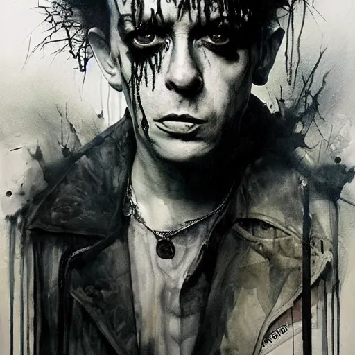 Image similar to stunning portrait of gaunt joe strummer a ( the cure fan ) as dream from sandman, dim stars as eyes, by jeremy mann, by cedric peyravernay, by by russ mills, by richard avedon and ben templesmith, dramatic lightning, sadness, dark eye sockets, in the shadows, punk rock, gothic, high detailed, 8 k