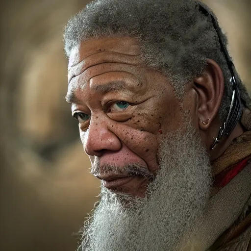 Prompt: morgan freeman starring as gimli in lord of the rings, full body, videogame still, portrait, 4 0 mm lens, shallow depth of field, close up, split lighting, cinematic