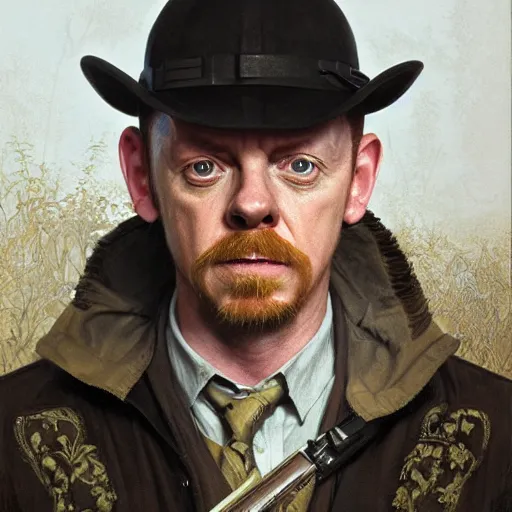 Image similar to portrait painting of simon pegg with a winchester, ultra realistic, concept art, intricate details, eerie, highly detailed, photorealistic, octane render, 8 k, unreal engine. art by artgerm and greg rutkowski and alphonse mucha