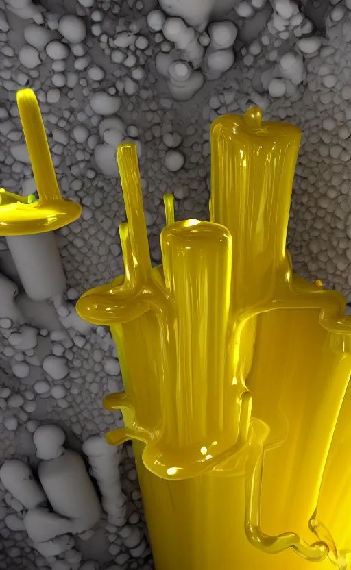 Prompt: liquid nitrogen with yellow water-cooling coolant flowing through latent representations of yellow ice caverns by centrifugal forces, computer circuitry sticking out the walls!!!!, high detail, high contrast!, low-poly elements!!!, trending on artstation, octane render, subsurface scattering, ray-tracing, 4k