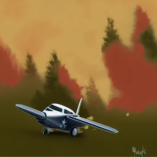 Prompt: young pilot :: crashed plane with smoke :: forest :: digital painting, very detailed