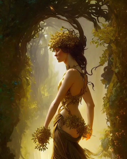 Image similar to dryad, perfect face, gold waistcoat, cinematic, stunning, highly detailed, digital painting, artstation, smooth, hard focus, illustration, art by artgerm and greg rutkowski and alphonse mucha