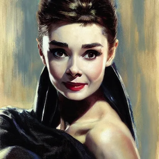 Prompt: detailed realistic cinematic wide shot of beautiful attractive audrey hepburn vampire woman wearing black bath robe slim face symettrical face clean skin black eyes black robe smooth, sharp focus, ultra realistic, spring light, painting by gaston bussiere, craig mullins, j. c. leyendecker