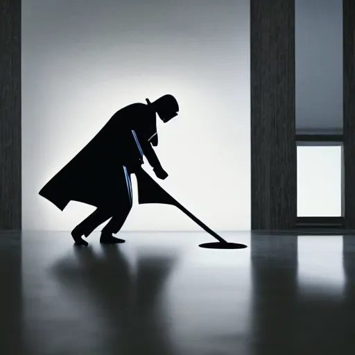 Prompt: a photo of darth vader mopping the wooden floor