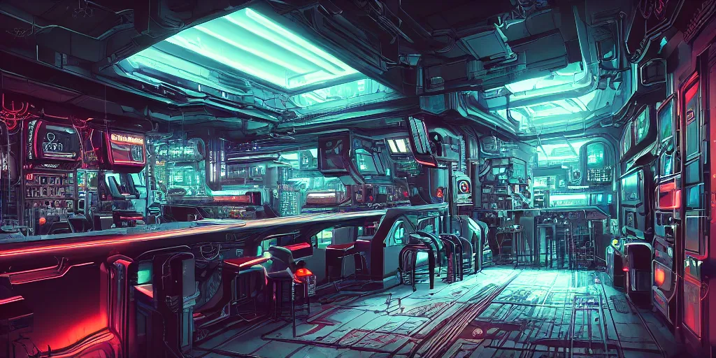 Prompt: ultra detailed photorealistic cyberpunk interior, sci fi, glossy, cybernetic robotic machines, wires, bar, retro futuristic decor, artstation, global illumination, intricate, modern, ultra realistic illustration, matte painting, high detailed, 4 k, hd, high quality