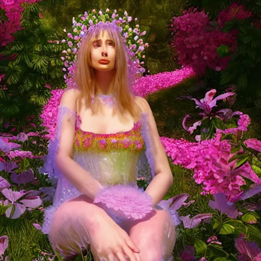 Prompt: Beautiful full-length 20mm mid-distance photograph of young Rosanna Arquette in an ornate Flowerpunk garden with 3D glass and crystal statues, extreme detail, CG society, 3D sculpture, Zbrush, fractals, volumetric lighting, cinematic, perfect face, perfect eyes, photorealistic, photograph