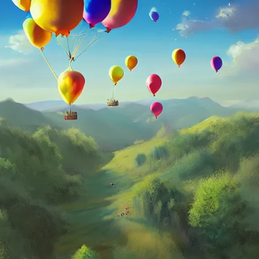 Image similar to digital art of plenty of giant birthday balloons floating above a beautiful landscape. artstation cgsociety masterpiece