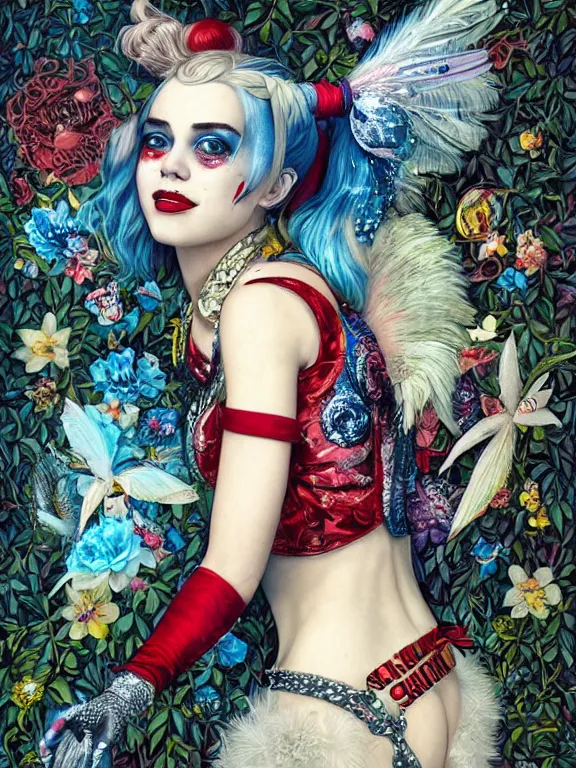 Prompt: a 65mm portrait of harley quinn between embellished avian-inspired sequined feather-adorned wings and flower bushes,by tom bagshaw,Cedric Peyravernay,DIOR,marie spartali Stillman,William Morris,Dan Mumford,trending on pinterest，maximalist,glittering,feminine