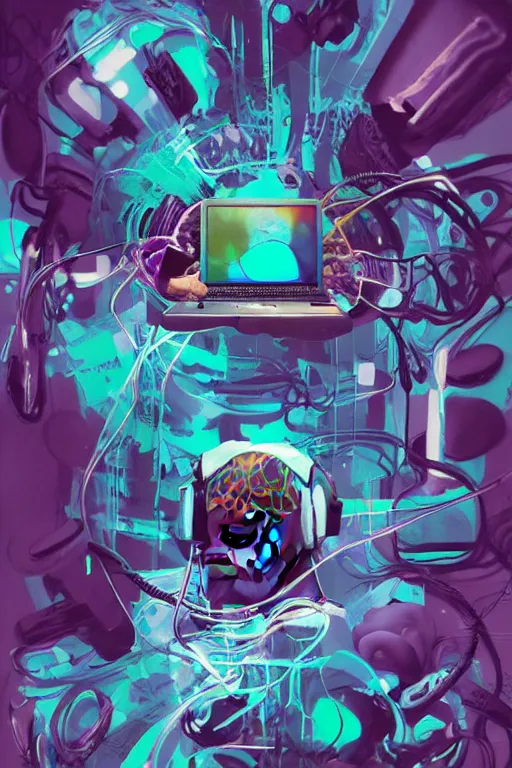 Prompt: epic 3 d abstract 🇵🇷 laptop hacker, spinning hands and feet, 1 6 mm, plum and teal peanut butter melting smoothly into asymmetrical mushrooms and acai, thick wires looping, wavy, kinetic, floating headsets, houdini sidefx, deviantart, by jeremy mann, ilya kuvshinov, jamie hewlett and ayami kojima