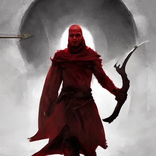 Image similar to a portrait of a red dragonborn monk in a white cloak, holding a spear with a black tip, fantasy art by greg rutkowski