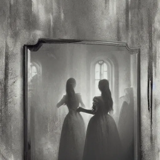 Image similar to a beautiful victorian woman is frightened by her zombie twin in a mirror. she is in a long hallway of mirrors. victorian interior, with many mirrors, twins, elegant design, haunting atmosphere, dark lighting, gothic, horror style, scary, swirling fog, volumetric lighting, by greg rutkowski, realistic, dutch angle, zombies